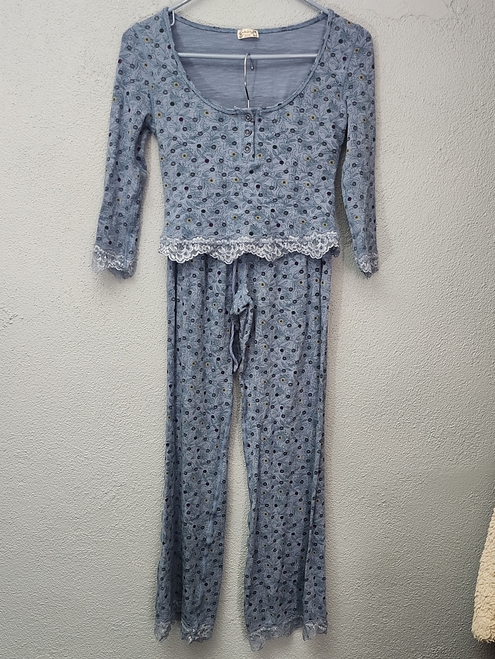 Free People Blue Floral Lace-Trim Pajama Set